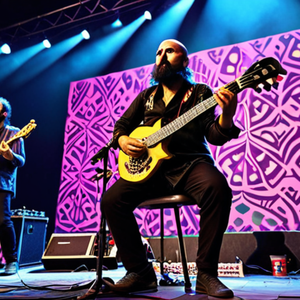 **A vibrant Anatolian rock band, Altın Gün, performing live at a European music festival. Focus on the fusion of electric guitars and the traditional *saz* instrument. Emphasize the psychedelic elements and modern rhythms.**
