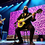 **A vibrant Anatolian rock band, Altın Gün, performing live at a European music festival. Focus on the fusion of electric guitars and the traditional *saz* instrument. Emphasize the psychedelic elements and modern rhythms.**