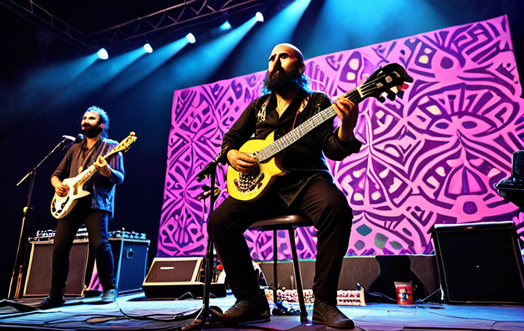 **A vibrant Anatolian rock band, Altın Gün, performing live at a European music festival. Focus on the fusion of electric guitars and the traditional *saz* instrument. Emphasize the psychedelic elements and modern rhythms.**