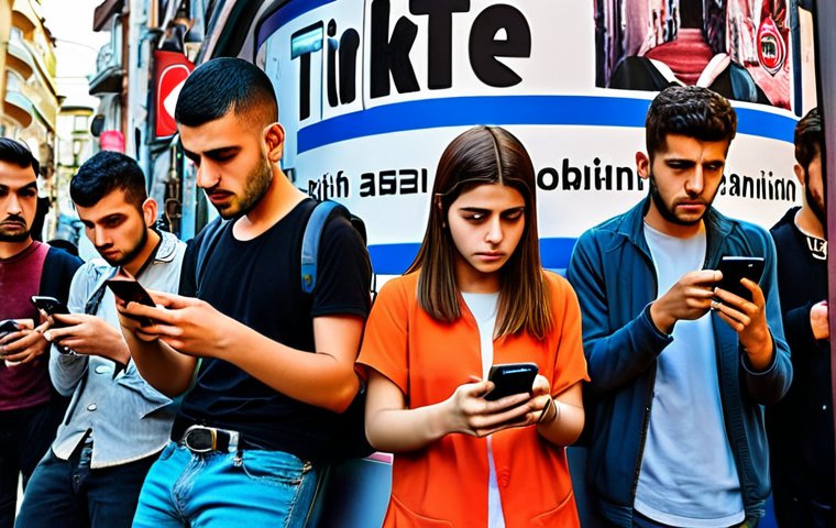 **
"Turkish youth engrossed in social media on their phones, a mix of bright screens and concerned expressions, reflecting addiction and comparison to idealized online lives, urban setting."
**