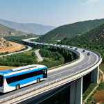 **A modern Turkish highway winding through a scenic landscape, showcasing the country's infrastructure development. In the background, a glimpse of a futuristic, eco-friendly electric bus.**