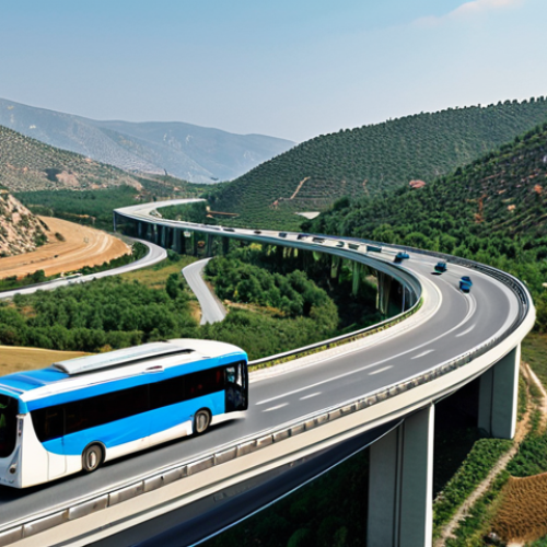 Home 7 **A modern Turkish highway winding through a scenic landscape, showcasing the country's infrastructure development. In the background, a glimpse of a futuristic, eco-friendly electric bus.**