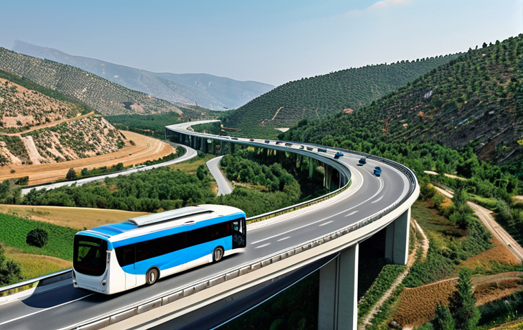 **A modern Turkish highway winding through a scenic landscape, showcasing the country's infrastructure development. In the background, a glimpse of a futuristic, eco-friendly electric bus.**