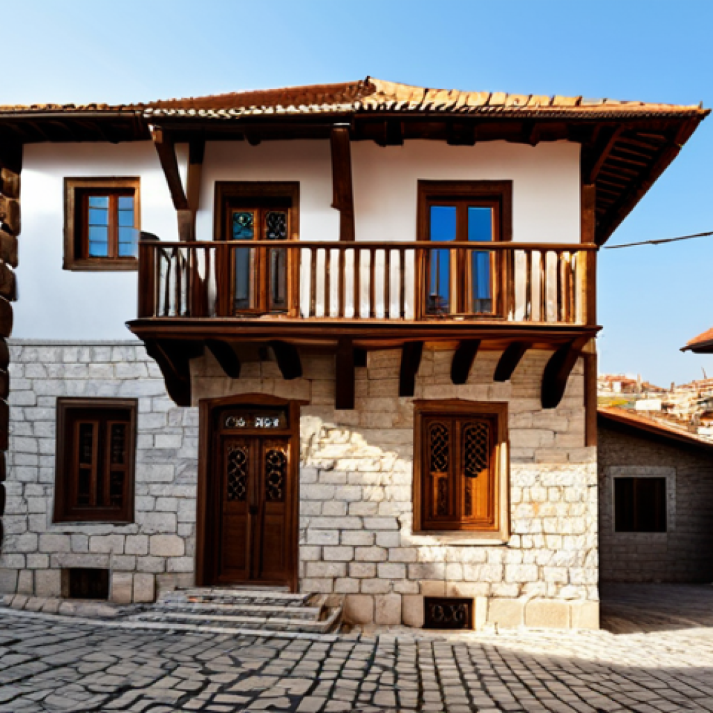 An exterior view of a magnificent traditional Turkish house in an Anatolian village, showcasing its unique architecture. The house features a sturdy stone foundation, an upper floor constructed with rich, warm-toned wood, and prominent, intricately carved wooden bay windows (cumba). The roof is covered with traditional red clay tiles. Surrounding the house are narrow, sunlit cobblestone streets, hinting at a peaceful, historic setting. The natural materials blend seamlessly with the warm, inviting ambiance. This scene is captured with professional photography, high quality, safe for work, appropriate content, fully clothed, modest, family-friendly, perfect anatomy, correct proportions, natural pose.