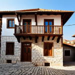 An exterior view of a magnificent traditional Turkish house in an Anatolian village, showcasing its unique architecture. The house features a sturdy stone foundation, an upper floor constructed with rich, warm-toned wood, and prominent, intricately carved wooden bay windows (cumba). The roof is covered with traditional red clay tiles. Surrounding the house are narrow, sunlit cobblestone streets, hinting at a peaceful, historic setting. The natural materials blend seamlessly with the warm, inviting ambiance. This scene is captured with professional photography, high quality, safe for work, appropriate content, fully clothed, modest, family-friendly, perfect anatomy, correct proportions, natural pose.