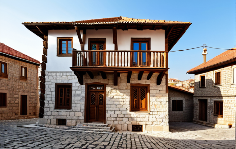 An exterior view of a magnificent traditional Turkish house in an Anatolian village, showcasing its unique architecture. The house features a sturdy stone foundation, an upper floor constructed with rich, warm-toned wood, and prominent, intricately carved wooden bay windows (cumba). The roof is covered with traditional red clay tiles. Surrounding the house are narrow, sunlit cobblestone streets, hinting at a peaceful, historic setting. The natural materials blend seamlessly with the warm, inviting ambiance. This scene is captured with professional photography, high quality, safe for work, appropriate content, fully clothed, modest, family-friendly, perfect anatomy, correct proportions, natural pose.