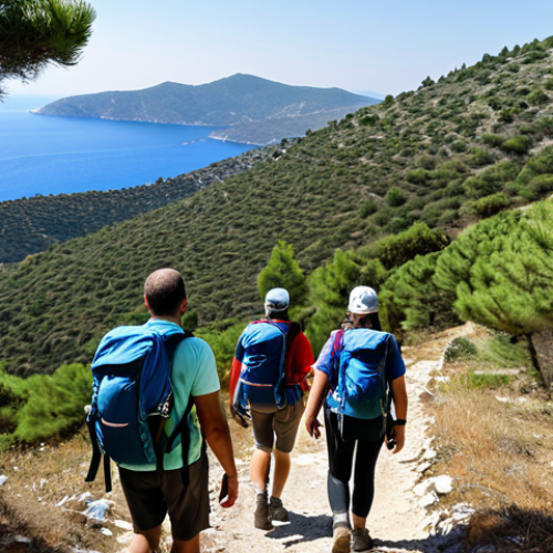 Home 9 **
A group of fully clothed hikers, wearing modest hiking gear and backpacks, traversing a scenic mountain trail in Turkey. The landscape includes pine trees and distant views of the Aegean Sea. The hikers are smiling and appear to be enjoying their trek. Safe for work, appropriate content, professional outdoor photography, perfect anatomy, natural proportions, family-friendly.
**