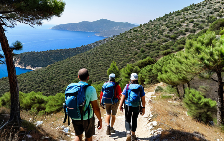 **

A group of fully clothed hikers, wearing modest hiking gear and backpacks, traversing a scenic mountain trail in Turkey. The landscape includes pine trees and distant views of the Aegean Sea. The hikers are smiling and appear to be enjoying their trek. Safe for work, appropriate content, professional outdoor photography, perfect anatomy, natural proportions, family-friendly.

**