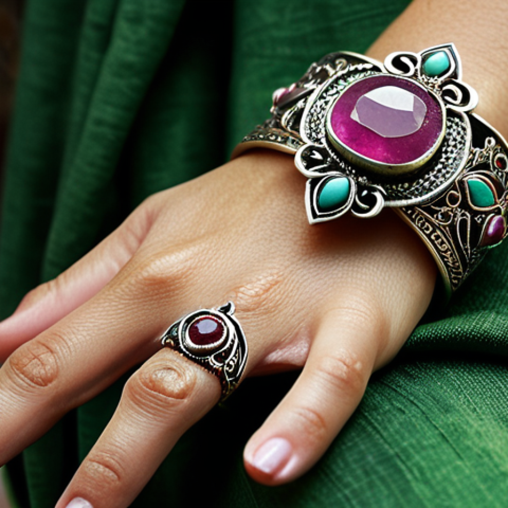 튀르키예 전통 장식품과 장신구 - **Image Prompt: Enchanting Anatolian Jewels**
    A close-up, highly detailed shot of a woman's hand...
