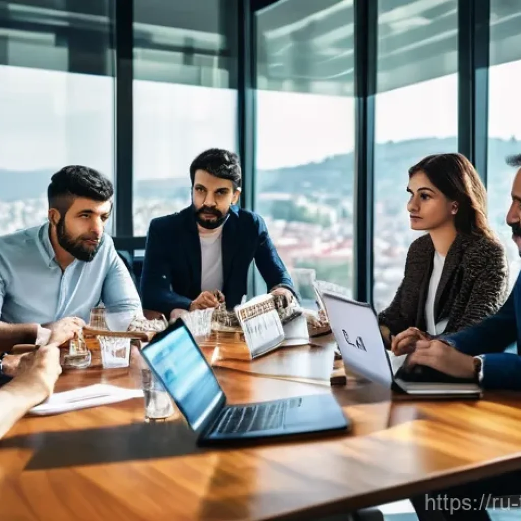 튀르키예의 영화 제작 과정 - **Prompt:** A vibrant and dynamic scene depicting a group of 4-5 professional screenwriters, a mix o...