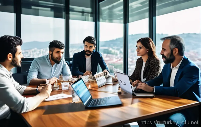 튀르키예의 영화 제작 과정 - **Prompt:** A vibrant and dynamic scene depicting a group of 4-5 professional screenwriters, a mix o...