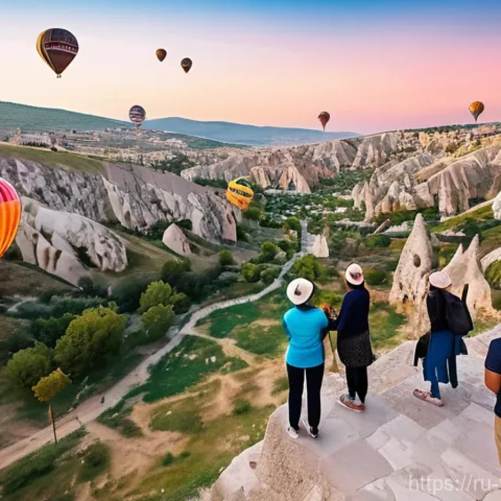 튀르키예에서의 단체 여행 가이드 - **Prompt:** A vibrant, diverse group of adult tourists (aged 25-60, dressed in stylish but modest su...