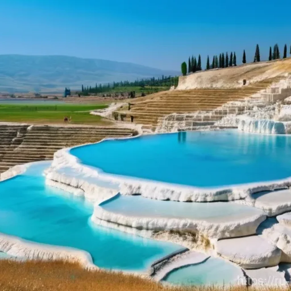 튀르키예의 유명한 온천 지역 - **Pamukkale: Travertine Terraces and Ancient Healing**
    "An awe-inspiring wide shot of Pamukkale,...