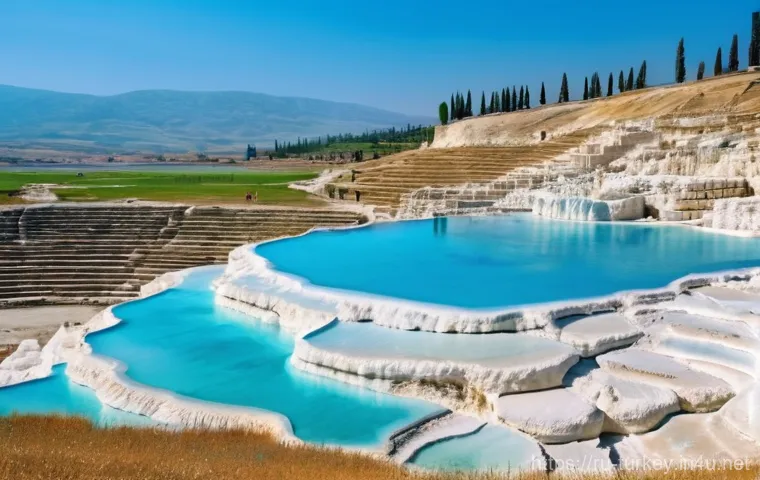 튀르키예의 유명한 온천 지역 - **Pamukkale: Travertine Terraces and Ancient Healing**
    "An awe-inspiring wide shot of Pamukkale,...