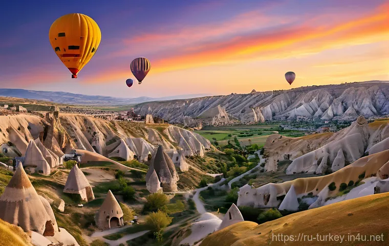 튀르키예의 아름다운 석양 명소 - A breathtaking panoramic view of Cappadocia at sunset. The sky is ablaze with vibrant hues of orange...