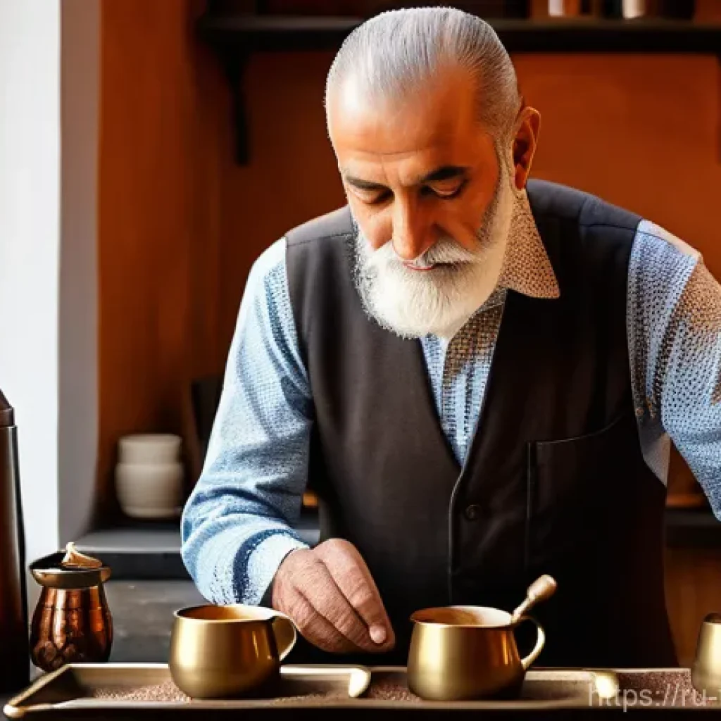 튀르키예에서의 커피 관련 여행 - **Aromatic Artisanal Turkish Coffee Preparation on Sand**
    A close-up, photorealistic image of a ...