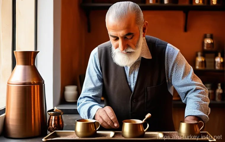 튀르키예에서의 커피 관련 여행 - **Aromatic Artisanal Turkish Coffee Preparation on Sand**
    A close-up, photorealistic image of a ...