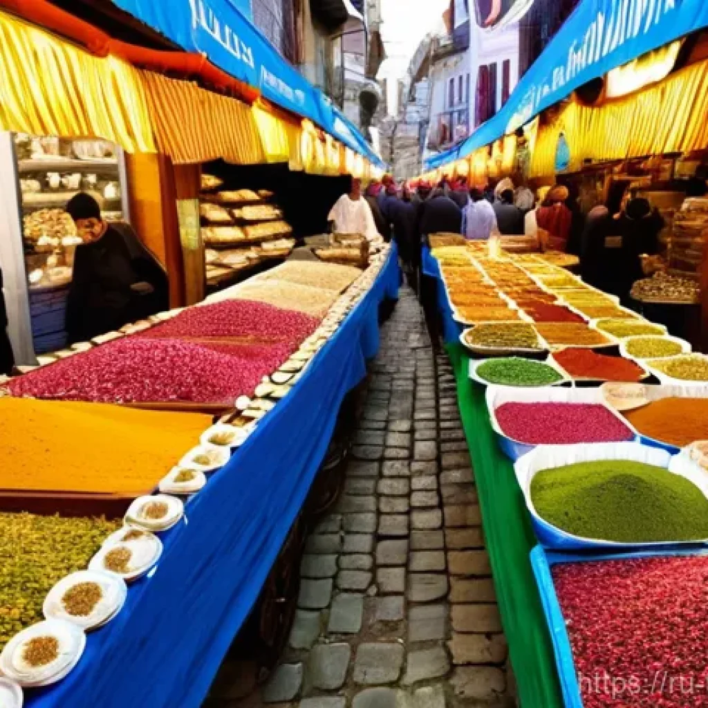 튀르키예 전통 시장 가이드 - **Prompt 1: Bustling Spice and Sweets Bazaar**
    A vibrant, wide-angle shot of a traditional Turki...