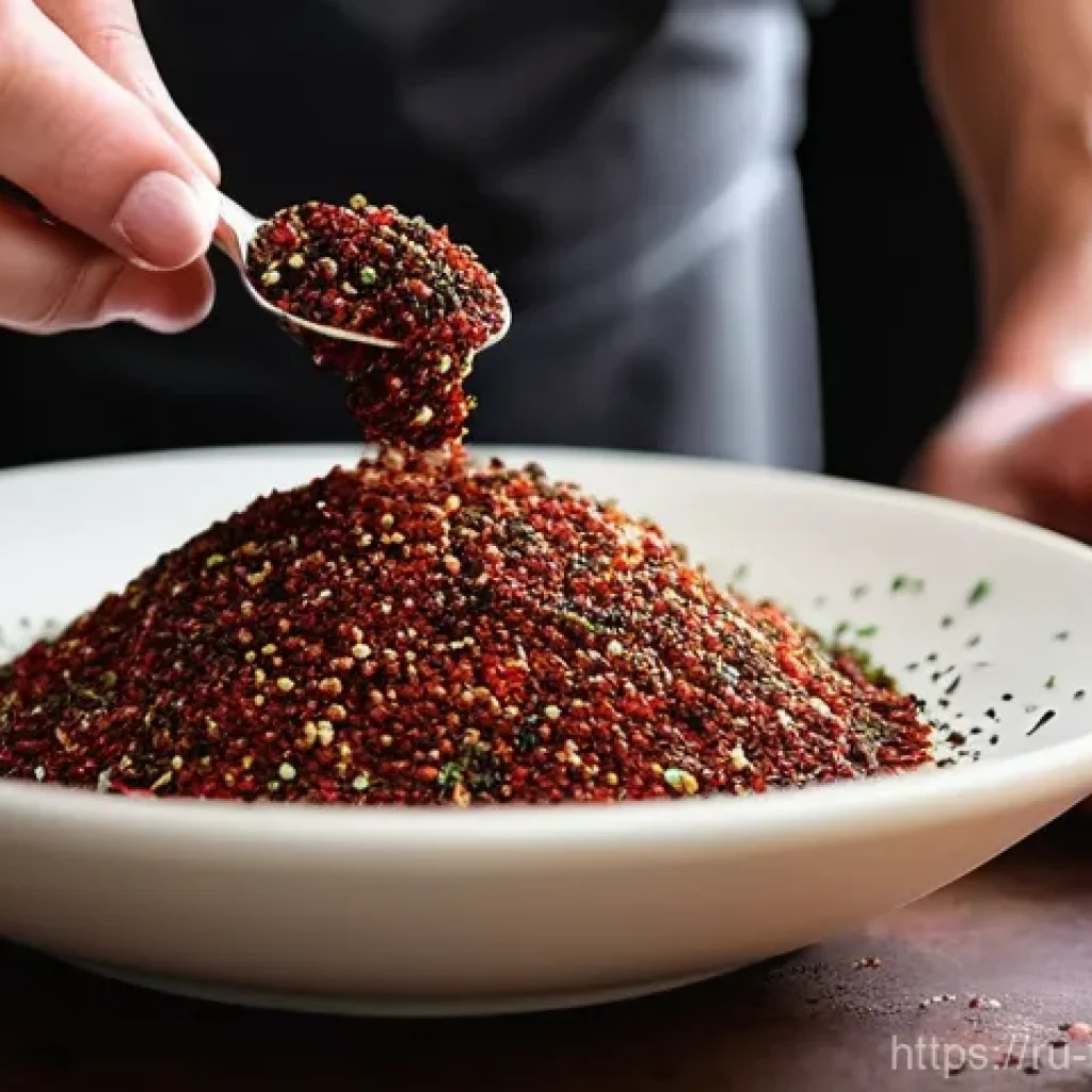 튀르키예 음식의 다양한 향신료 - A close-up, high-detail, realistic photo of a chef's hands, with clean fingernails, carefully sprink...