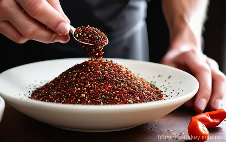 튀르키예 음식의 다양한 향신료 - A close-up, high-detail, realistic photo of a chef's hands, with clean fingernails, carefully sprink...
