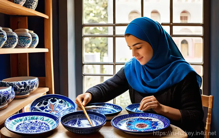 튀르키예의 유명한 미술관과 갤러리 - **Prompt 1: Traditional Turkish Ceramic Art Workshop**
    "A cozy, warmly lit indoor workshop, show...