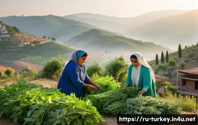 튀르키예의 전통적인 치유 방법 - A serene Turkish village scene at dawn, featuring local women carefully harvesting and drying medici...