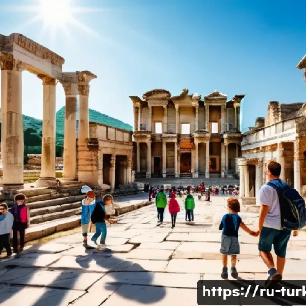 튀르키예에서의 가족을 위한 활동 - A vibrant family scene exploring the ancient ruins of Ephesus, Turkey, featuring a diverse group of ...