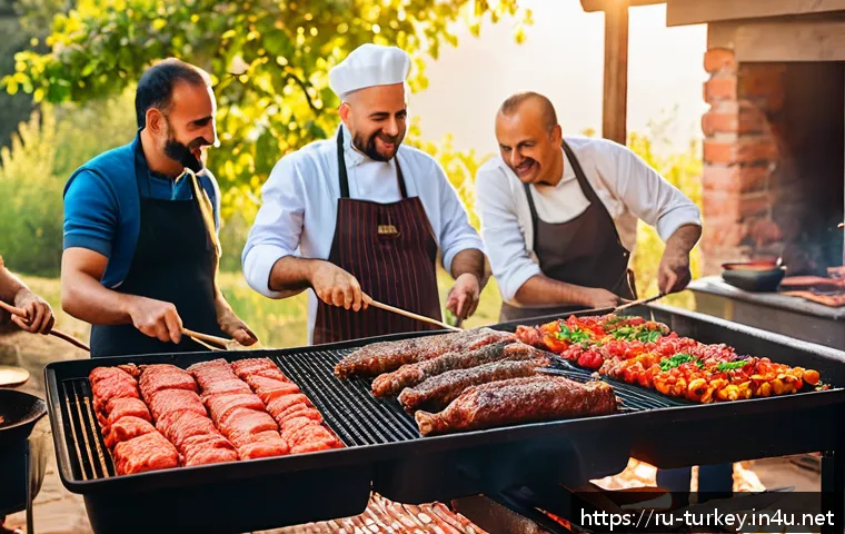 튀르키예에서의 인기 워크샵 - A lively Turkish kebab cooking workshop scene set outdoors with a rustic open fire grill, a diverse ...