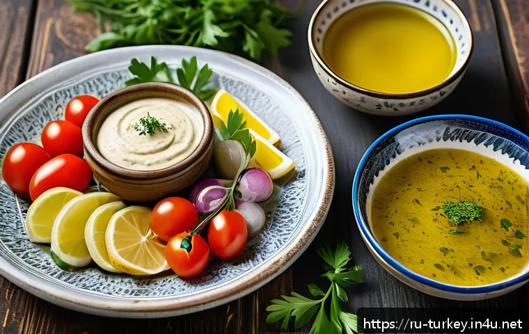 튀르키예 가정식 요리법 - A cozy Turkish home dining table set with an assortment of traditional meze appetizers, including ba...
