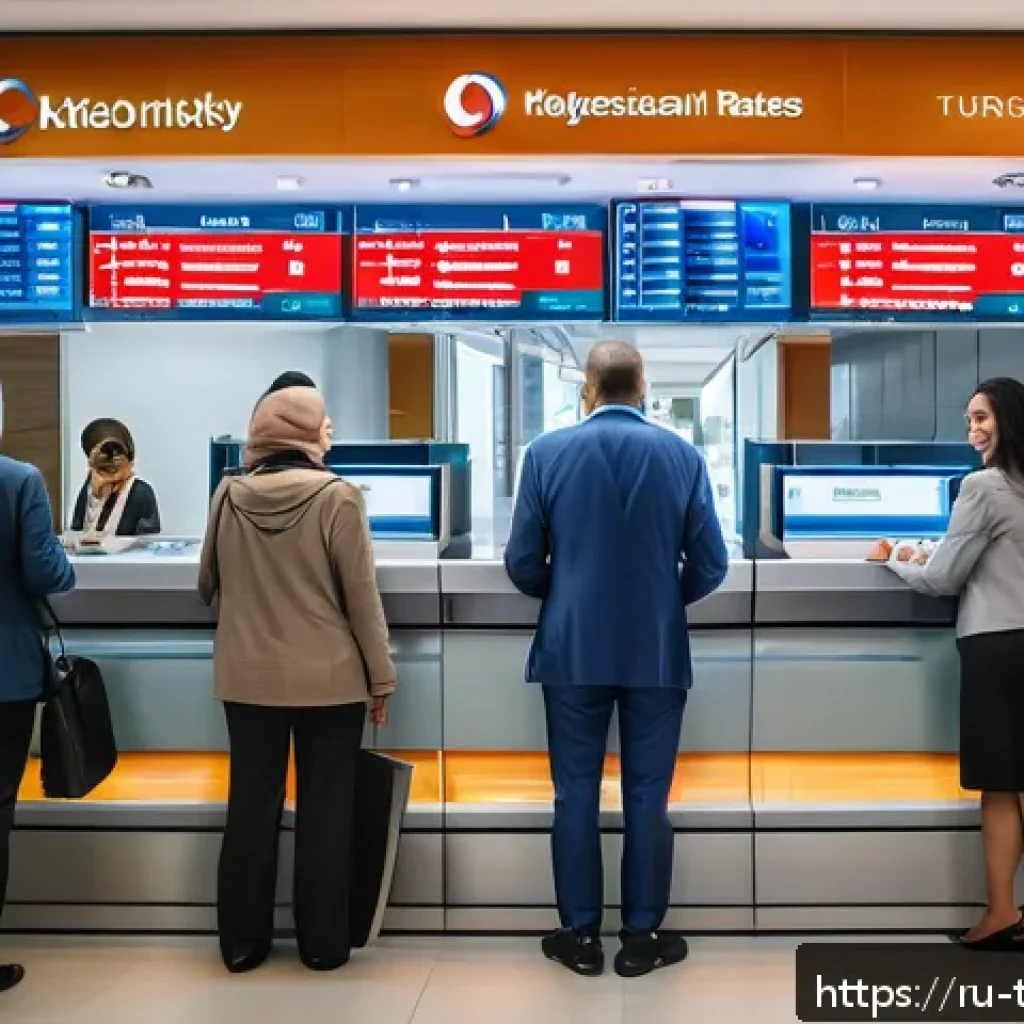 튀르키예 화폐 단위와 환전 팁 - A busy modern Turkish bank interior with friendly tellers assisting diverse customers exchanging cur...