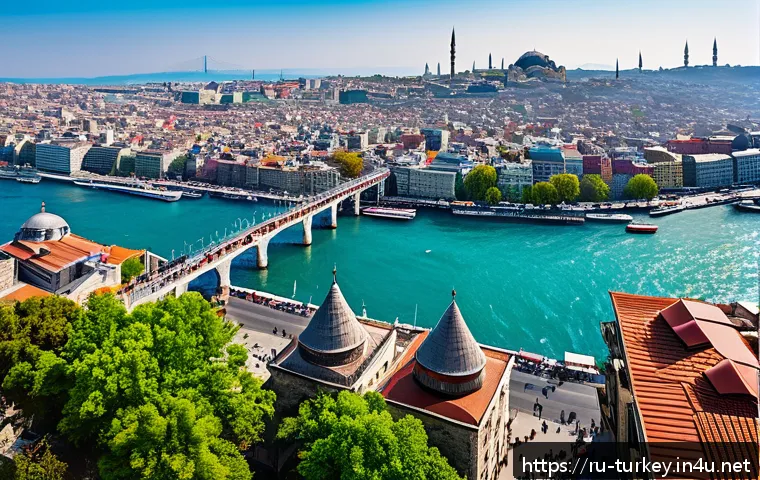 튀르키예 갈라타 타워 전망대 - A breathtaking panoramic view from the top of Galata Tower in Istanbul during springtime, showcasing...