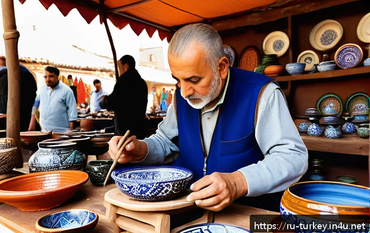 튀르키예의 주요 전통 공예 마켓 - A vibrant Turkish bazaar scene featuring local artisans crafting traditional ceramics and textiles; ...