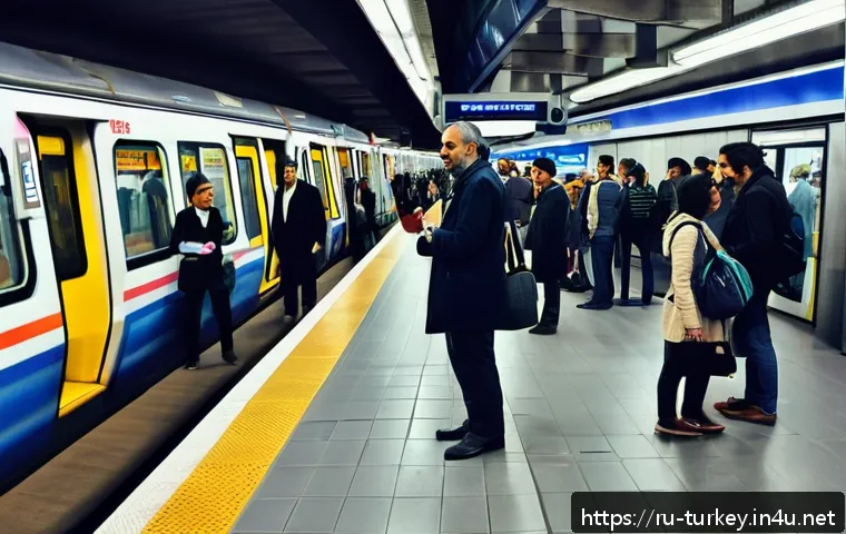 튀르키예 대중교통 이용법 가이드 - A bustling Istanbul metro station during rush hour, with diverse passengers waiting on the platform ...