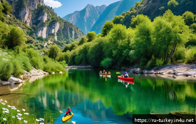 튀르키예 주요 하천과 자연 경관 - A serene river scene in Turkey surrounded by majestic mountains, featuring crystal-clear water refle...