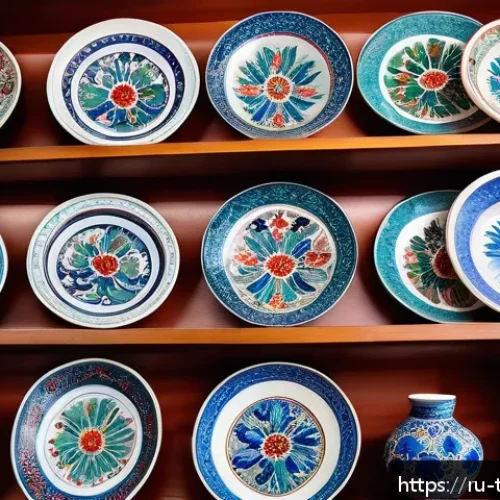 Home 31 튀르키예 공예품 시장 탐방 - A detailed close-up of traditional Iznik Turkish ceramics, featuring vibrant floral patterns in brig...