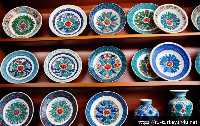튀르키예 공예품 시장 탐방 - A detailed close-up of traditional Iznik Turkish ceramics, featuring vibrant floral patterns in brig...