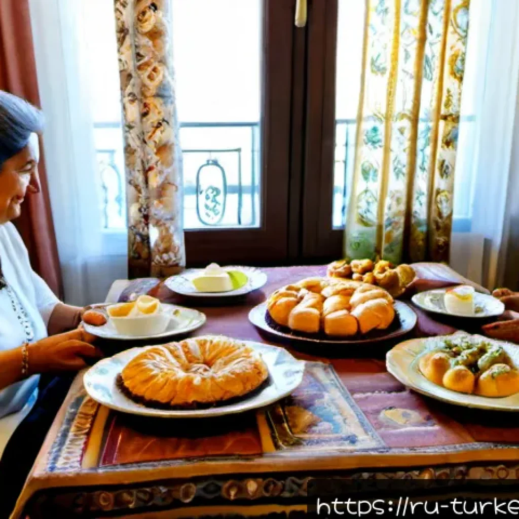 튀르키예의 전통적 명절 요리 - Photorealistic Turkish Ramadan Bayram family table in a sunlit Istanbul home, elegant copper serving...