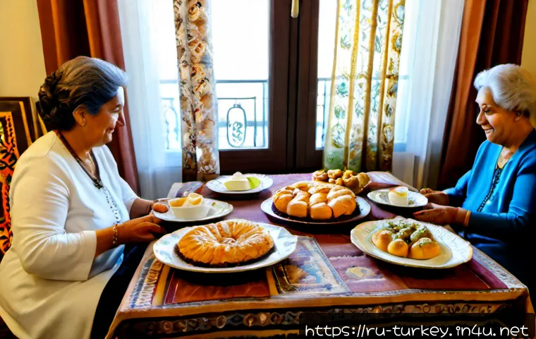 튀르키예의 전통적 명절 요리 - Photorealistic Turkish Ramadan Bayram family table in a sunlit Istanbul home, elegant copper serving...