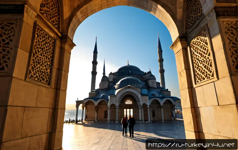 튀르키예의 건축사와 혁신 사례 - Photorealistic wide-angle architectural scene in Istanbul at golden sunrise, a grand Ottoman-era mos...