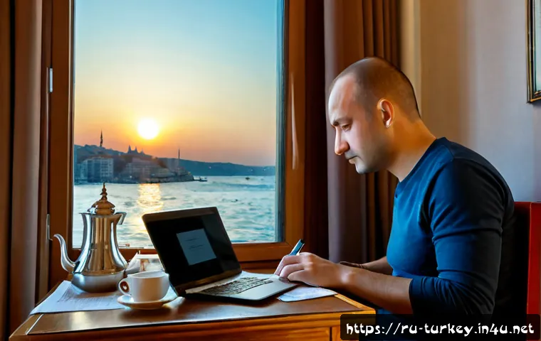 Home 17 튀르키예 여행 후 피드백 작성법 - Photorealistic Russian traveler in a cozy Istanbul hotel room thoughtfully writing travel feedback o...