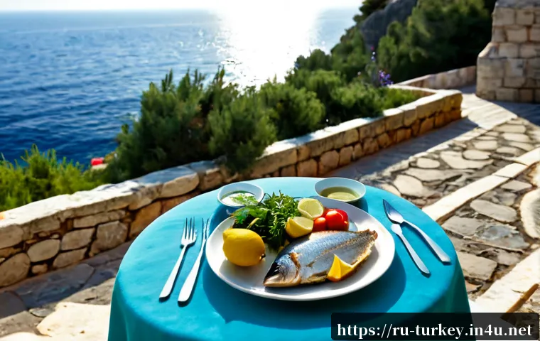 튀르키예 지역별 인기 요리 - Photorealistic Turkish Aegean coastal lunch table, grilled sea bream with lemon, olive oil vegetable...